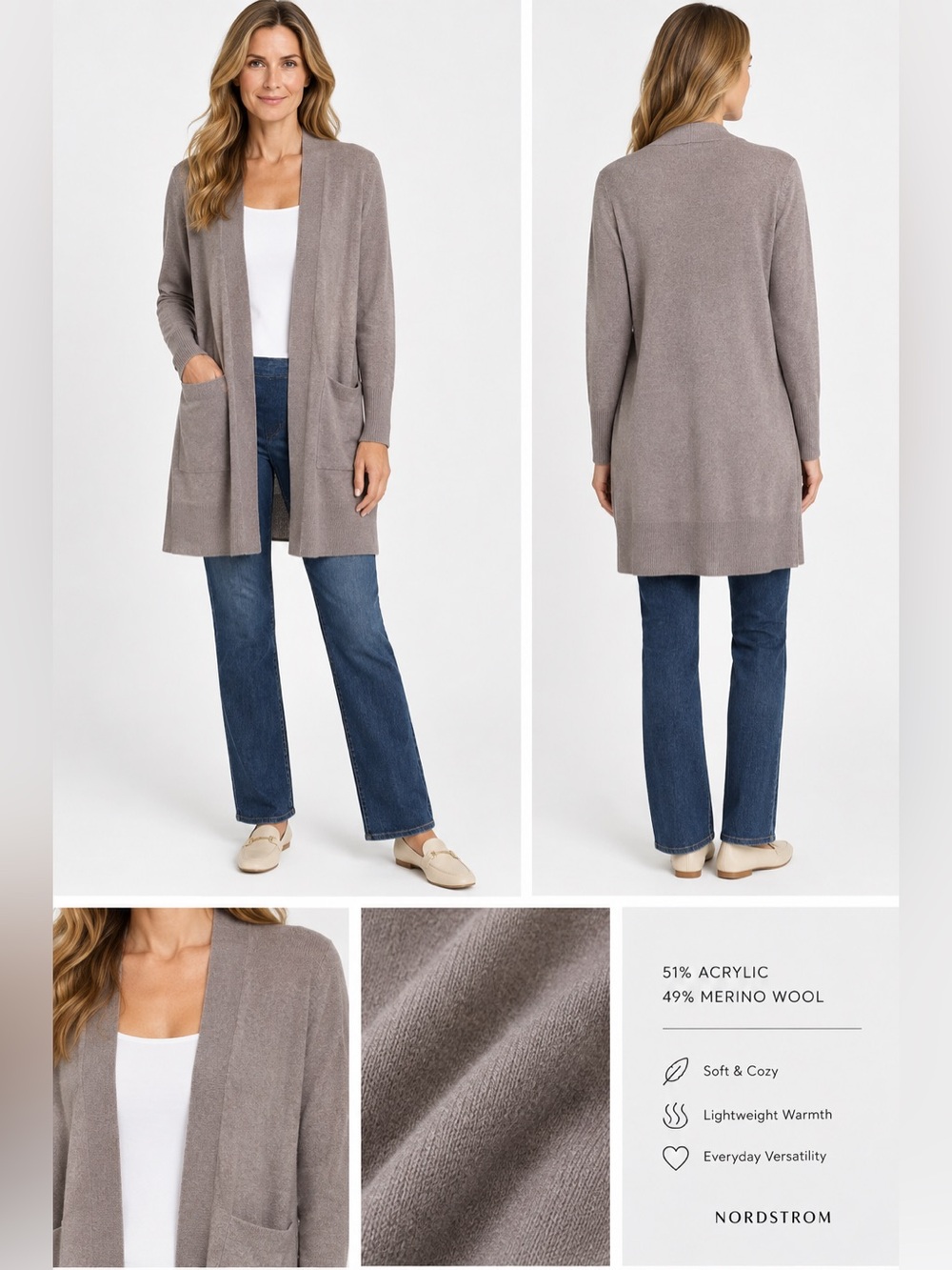 Nordstrom Women’s Long Open Front Cardigan 51% Merino Wool Blend Taupe Knit L